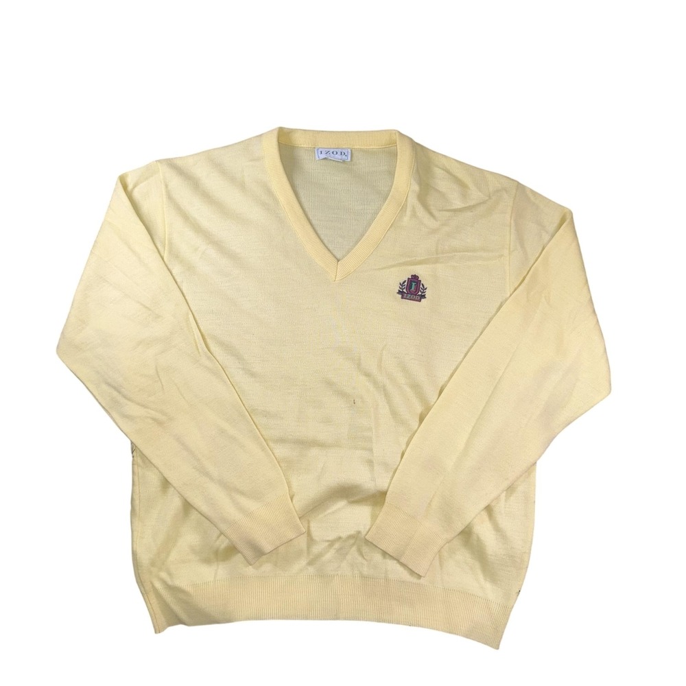 IZOD Sweater Mens‎ XL Light Yellow V Neck Embroidered Crest Logo Pullover Preppy